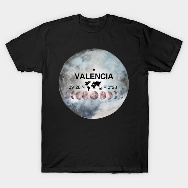 Valencia, Valencian Community, Spain, Watercolor Design with Latitude & Longitude Map Coordinates T-Shirt by MapYourWorld